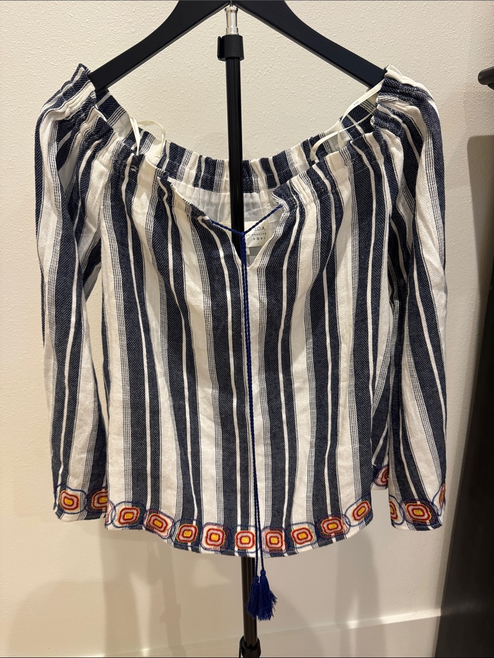 J.O.A. Navy & White Striped Off-Shoulder Tunic with Embroidered‎ Hem